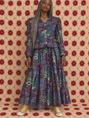 Vintage Quilted Abstract Print Blazer and Maxi Skirt Matching Set M